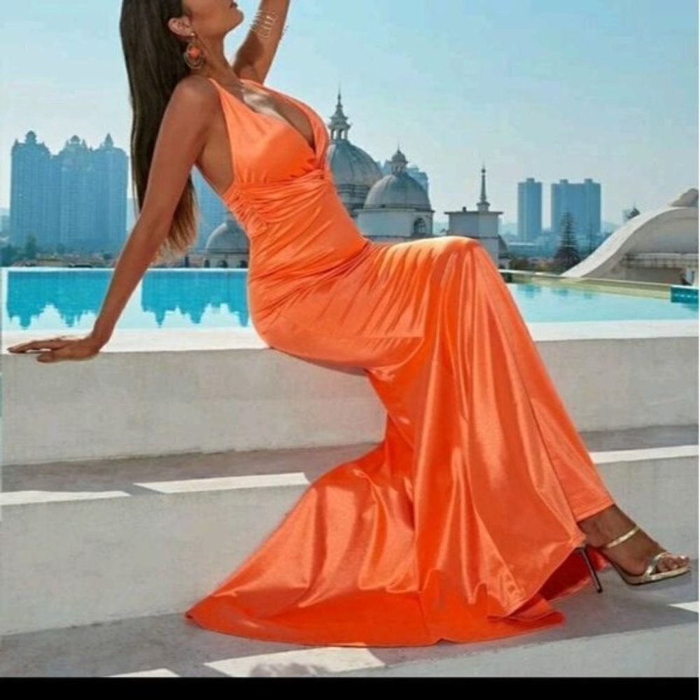 ORANGE GLAMOROUS SATIN DOPAMINE MERMAID SPECIAL EVENT MAXI DRESS